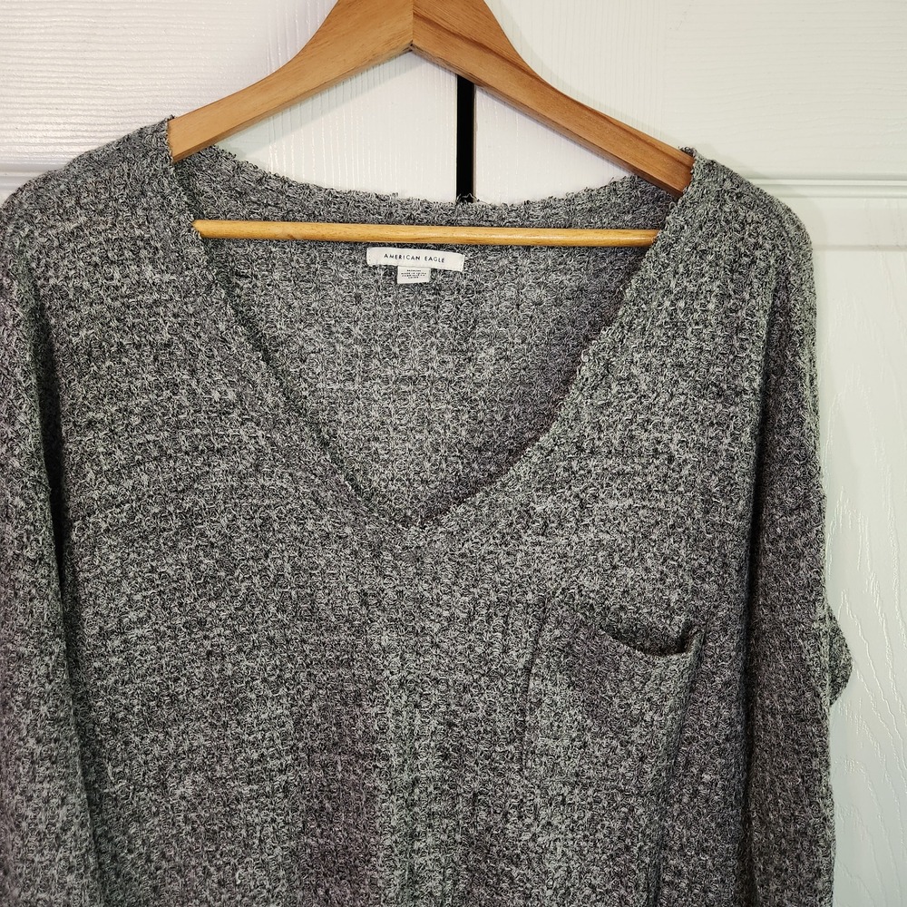American Eagle Grey Marl V-Neck Soft Knit Pocket Sweater Top Size Med Boxy Y2K - Picture 4 of 9